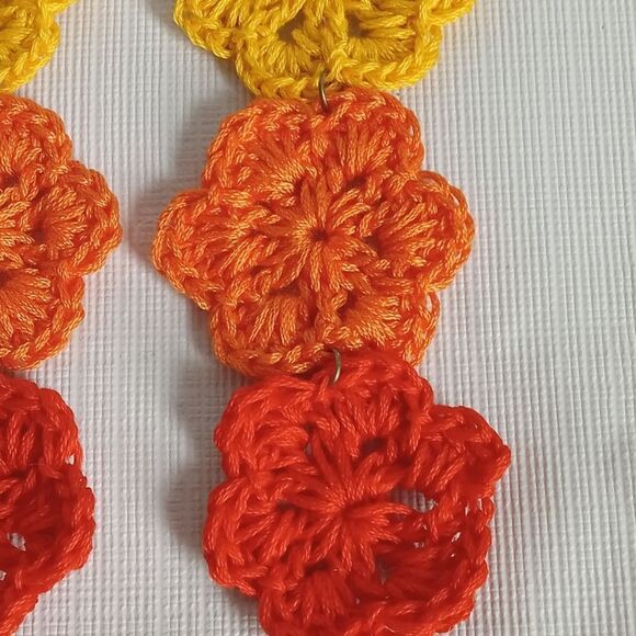 Handmade Multicolored Embroidery Floss Crochet Triple Flowers Statement Earrings - Picture 4 of 10